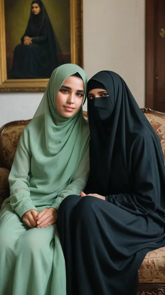 اريد البنت محجبه تلبس اخضر فاتخ و حجاب اسود كامل بدون شعر و بوشيه هي جالسه مع صديقتهافي بيت جدتها
