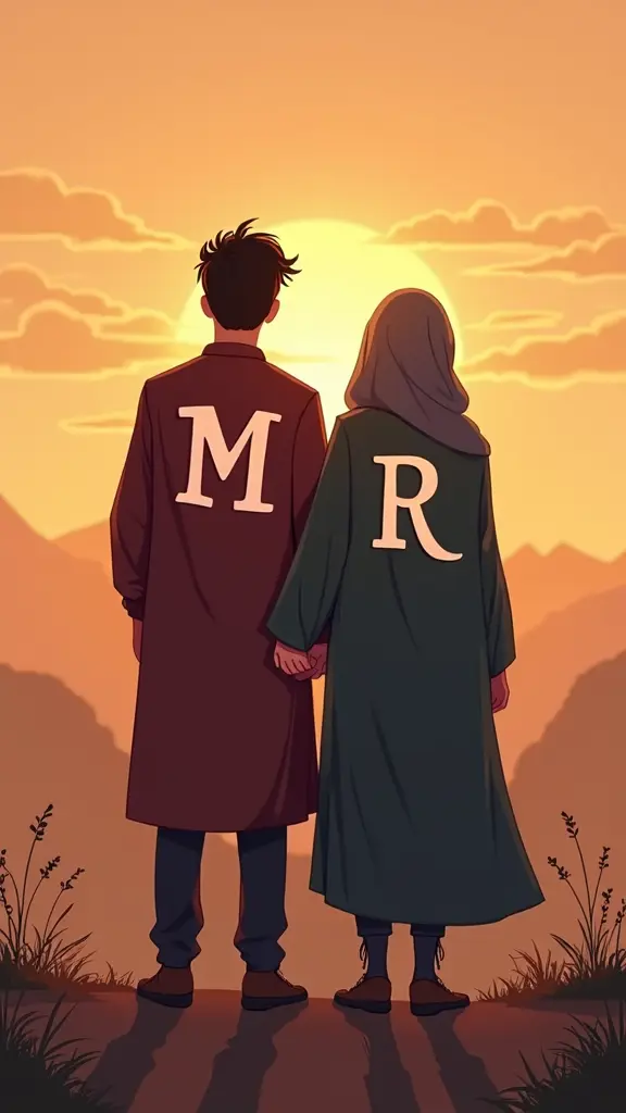 Letter M and R printed on the back of the clothes of Kabul lovers standing side by side facing back to the horizon in a warm romantic atmosphere in cartoon form, the girl is veiled and her dress is Islamic, letter M printed on the man's clothes, and letter R printed on the girl's clothes, with nice romantic visual effects.