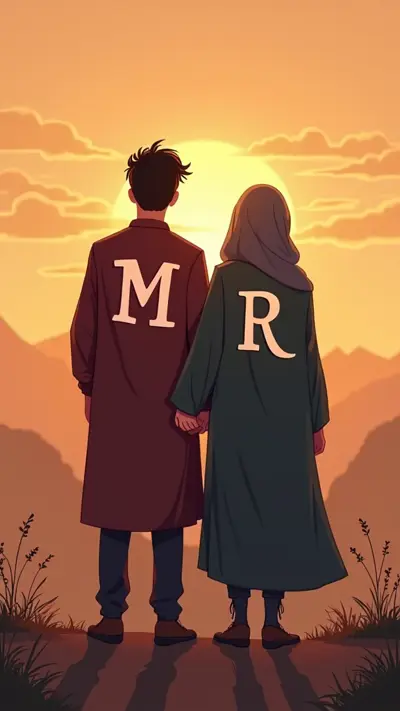Letter M and R printed on the back of the clothes of Kabul lovers standing side by side facing back to the horizon in a warm romantic atmosphere in cartoon form, the girl is veiled and her dress is Islamic, letter M printed on the man's clothes, and letter R printed on the girl's clothes, with nice romantic visual effects.