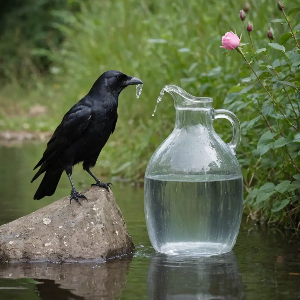 كان هناك غراب عشطان ورى جره ماء واراد ان يشرب الماء ولكن لم يستطع ان الماء عميق فكر واخد حجر صغير ورماها بالجره ورتفع الماء وكرر نفس الحركه