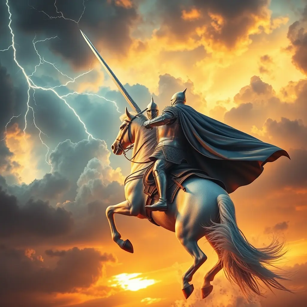 فارسٌ يرتدي درعًا لامعًا يمتطي جوادًا أبيض مهيبًا في رحاب السماء، مصوّبًا سيفه اللامع نحو سماءٍ عاصفةٍ هائجةٍ مليئةٍ بالبرق والغيوم الداكنة. رُسِم المشهد بأسلوبٍ رقميٍّ ملحميٍّ، مُجسّدًا عظمةَ ودراما مهمةٍ أسطوريةٍ تحت سماءٍ عاصفةٍ يغمرها ضوء الشفق الذهبي.