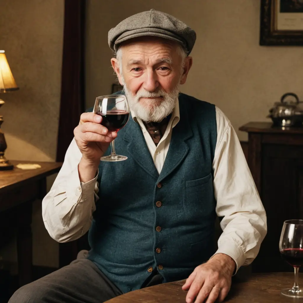 رجل عجوز بملابس قديمة من الماضي يشرب الخمر ويسكر