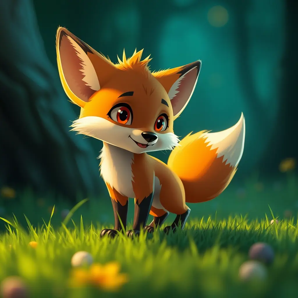 ثعلب صغير بصورة كرتونية عالية الدقة إضاءة درامية، تفاصيل دقيقة، منظور واسع، 8K، أسلوب واقعي خيالي