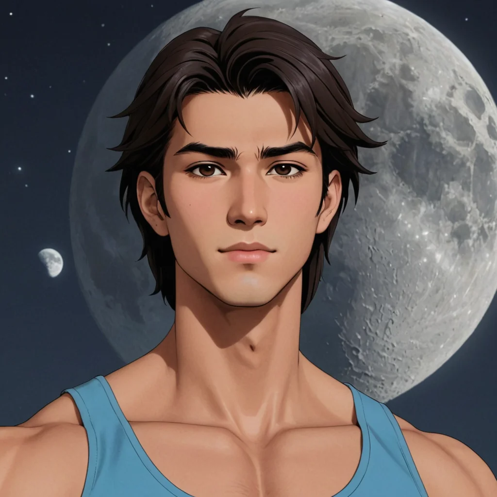 ارسم افتار شخص لديه كتله عضليه ويوجد لديه كتلة عضليه وملامحه عربيه وغير مبتسم ومن خلفه قمر وخشمه طويل قليلا والصورة من الجانب وبعمر 15 والصورة كأنها من انمي ولا يوجد له دقن ويبدو حزيناً قليلا وهو شخص حنطي وابعد عنه القر واجعله لا ينظر الى الكاميرا واجعل عيناه عسليتان وخشمه قريض قليلاً اجعله ينظر الى الامام واجعل الكاميره من الجانب واجعله اكثر سمرا قليلا واجعل فيه الملامح السعوديه قليلاً اجعل فيه حب الشباب قليلاً وابعد القمر