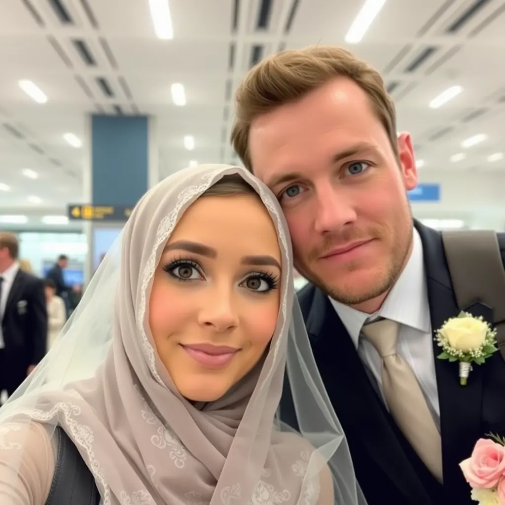 صور لعروس وعريس اسوقبال بالمطار عن حب رجل طويل وجميل وشخصية والعروس محجبة غير ظاهر شعرها بعيون واسعة وتم كبير جميل 
