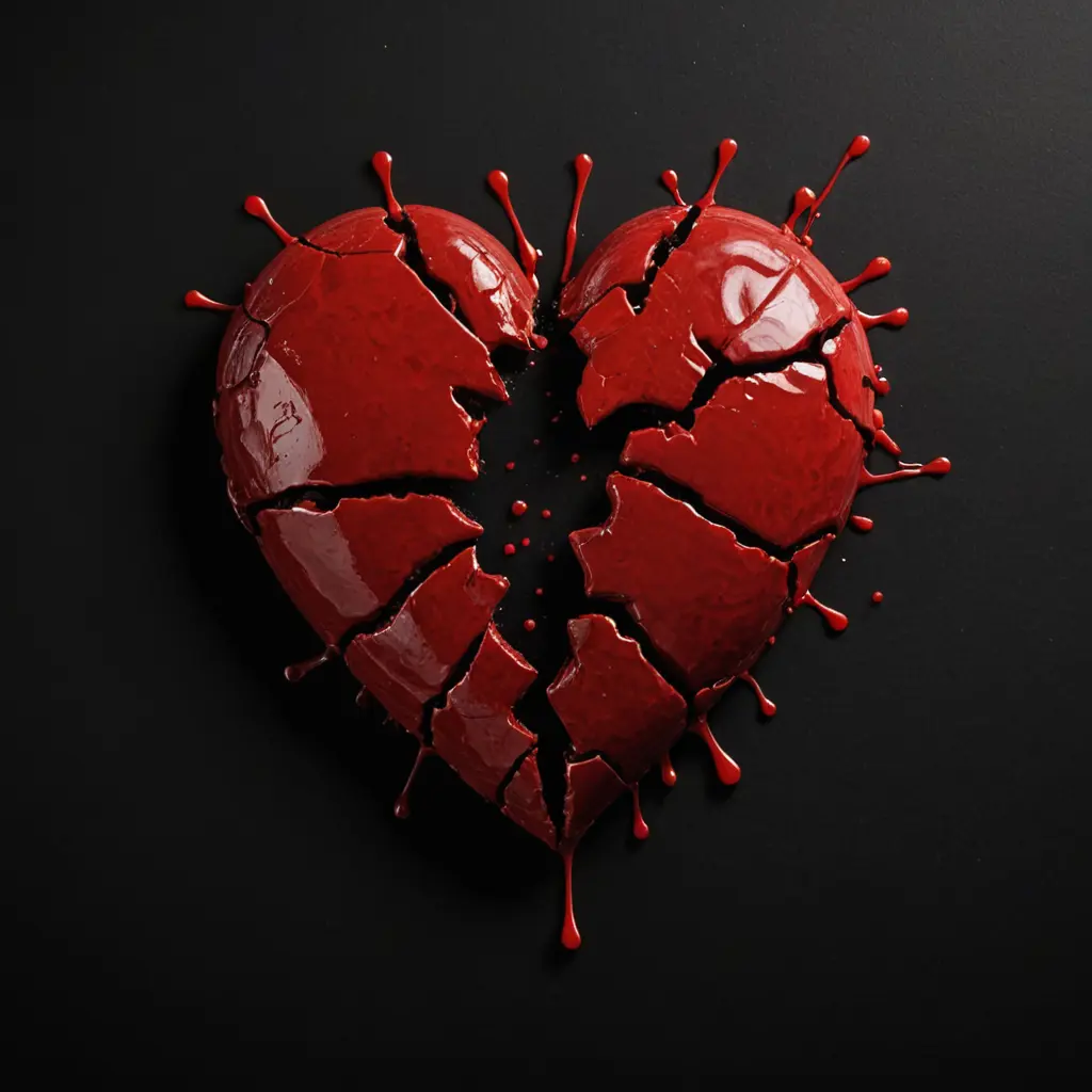 صورة قلب مكسور في خلفية سوداء وتعاسة وينزف دماء