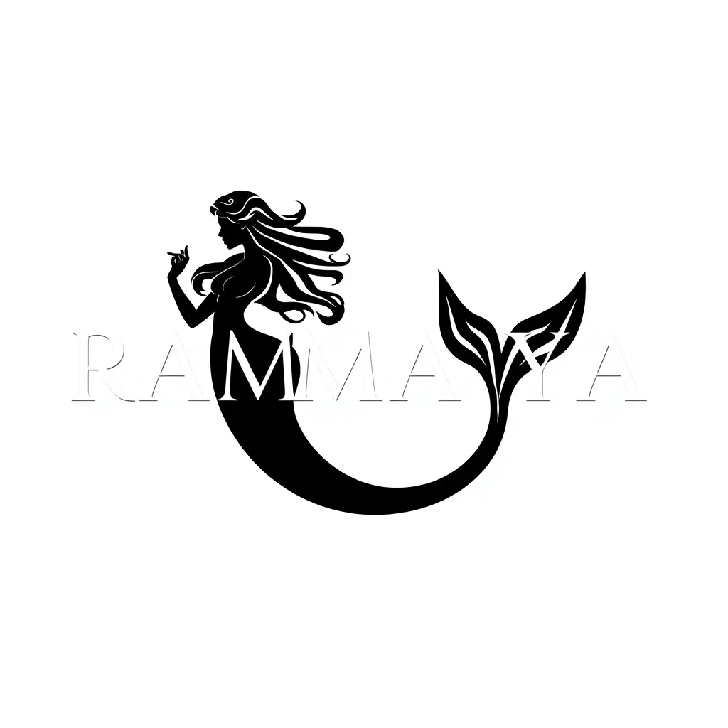 كتابة كلمة RAMAYA بخط انجليزي محترف وسريع وبجانبه حورية بحر كبيره باللون الاسود كامل في كامل الرشاقه في اخر الكلمه RAMAYA ويكون شعار علامه تجاريه فاخرة مع خلفية بيضاء