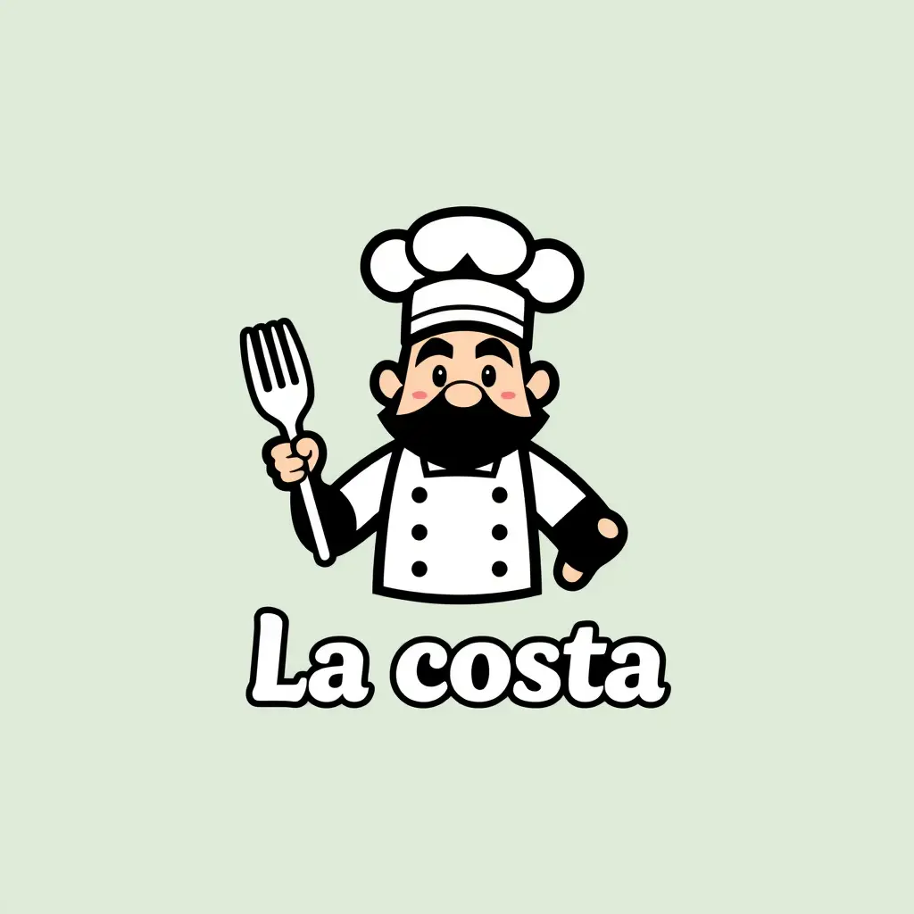 Generate a minimalistic mascot style logo in 3d for a company named 'La costa' in the restaurant field. The logo should prominently feature Skilled cook and fork .