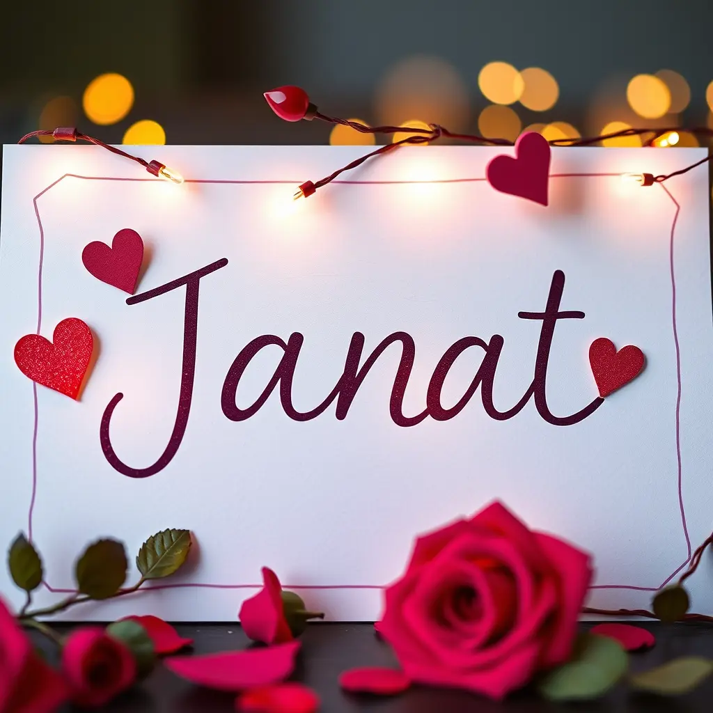 كرت مكتوب عليه أسم جنات مع اضائه وقلوب وورد