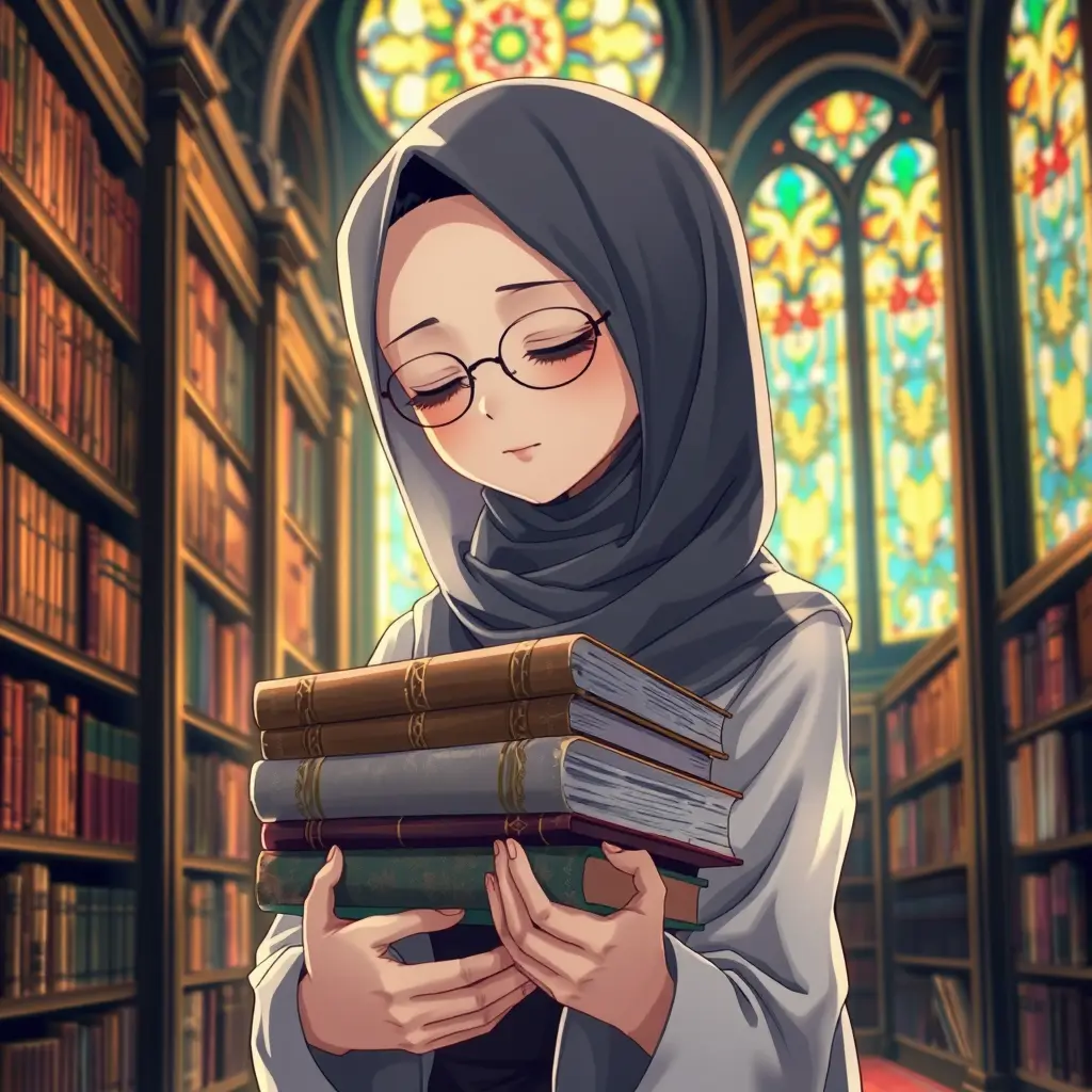فتاة أنمي محجبة ترتدي حجابًا فضفاضًا وأكمامًا طويلة تقليدية، وترتدي نظارة رقيقة، وعيناها مغمضتان برفق وهي تحتضن مجموعة من الكتب العتيقة بكلتا يديها. تدور أحداث المشهد في مكتبة دافئة مليئة بصفوف من أرفف الكتب الشاهقة، مغمورة بضوء دافئ ناعم يتسلل عبر نوافذ زجاجية ملونة مزخرفة. تعبيرها هادئ وعميق، يلتقط لحظة ساحرة من التأمل الهادئ. صوّر هذه اللوحة بأسلوب لوحة رقمية مفصلة، بخطوطها المعقدة وألوانها الزاهية والمريحة.