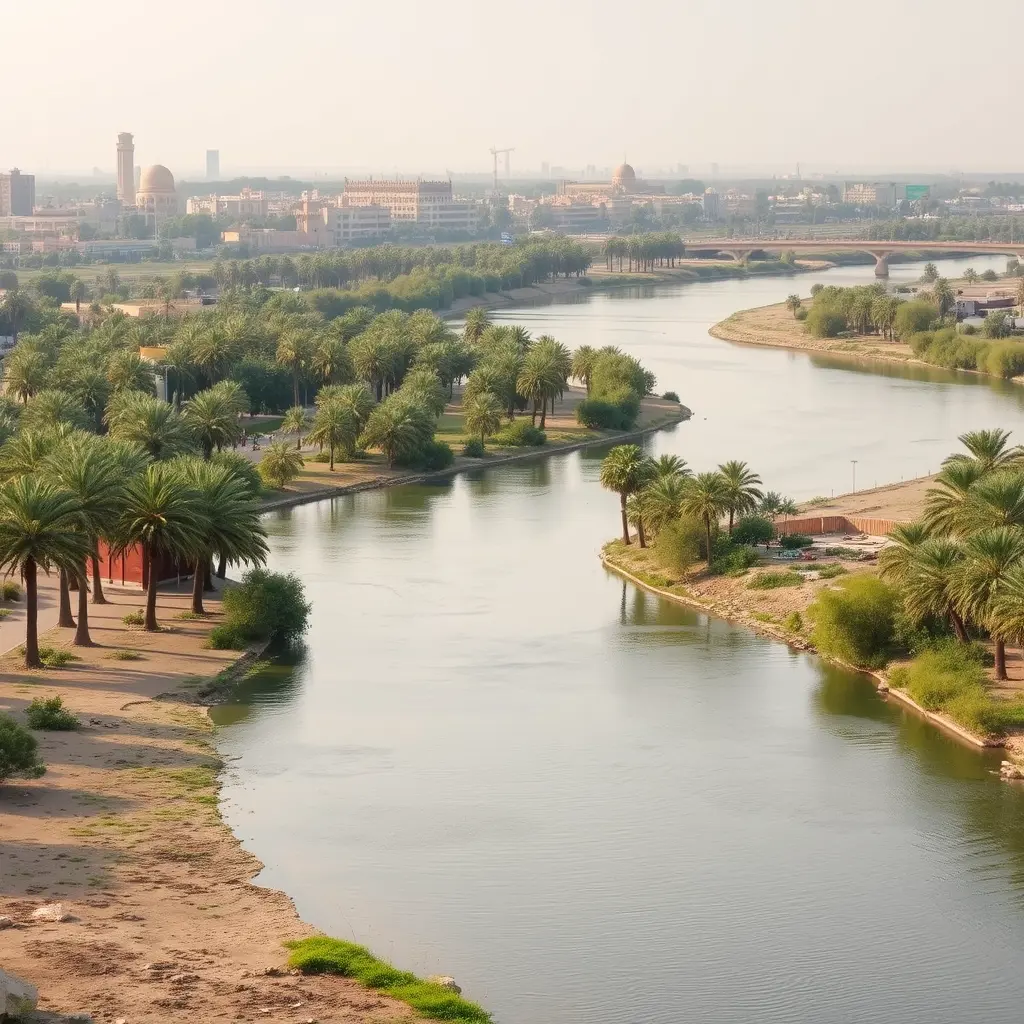 نهر الفرات يمر بمدينة بغداد وعلى ضفافه بساتين النخيل