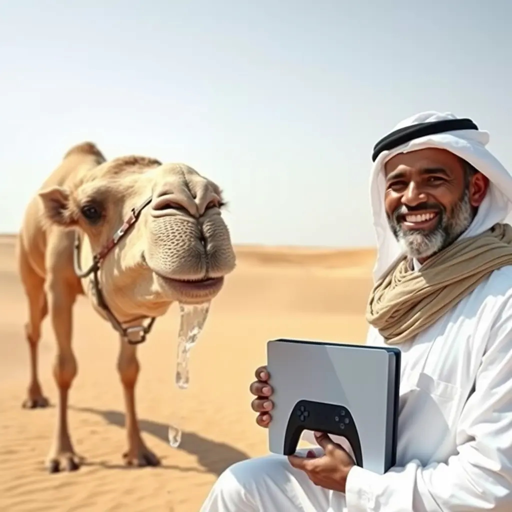 جمل في الصحراء يشرب الماء هو والراعي حقه ويكون جنبهم أبو فلة وفي يدة بلايستيشن 5 وهو يبتسم