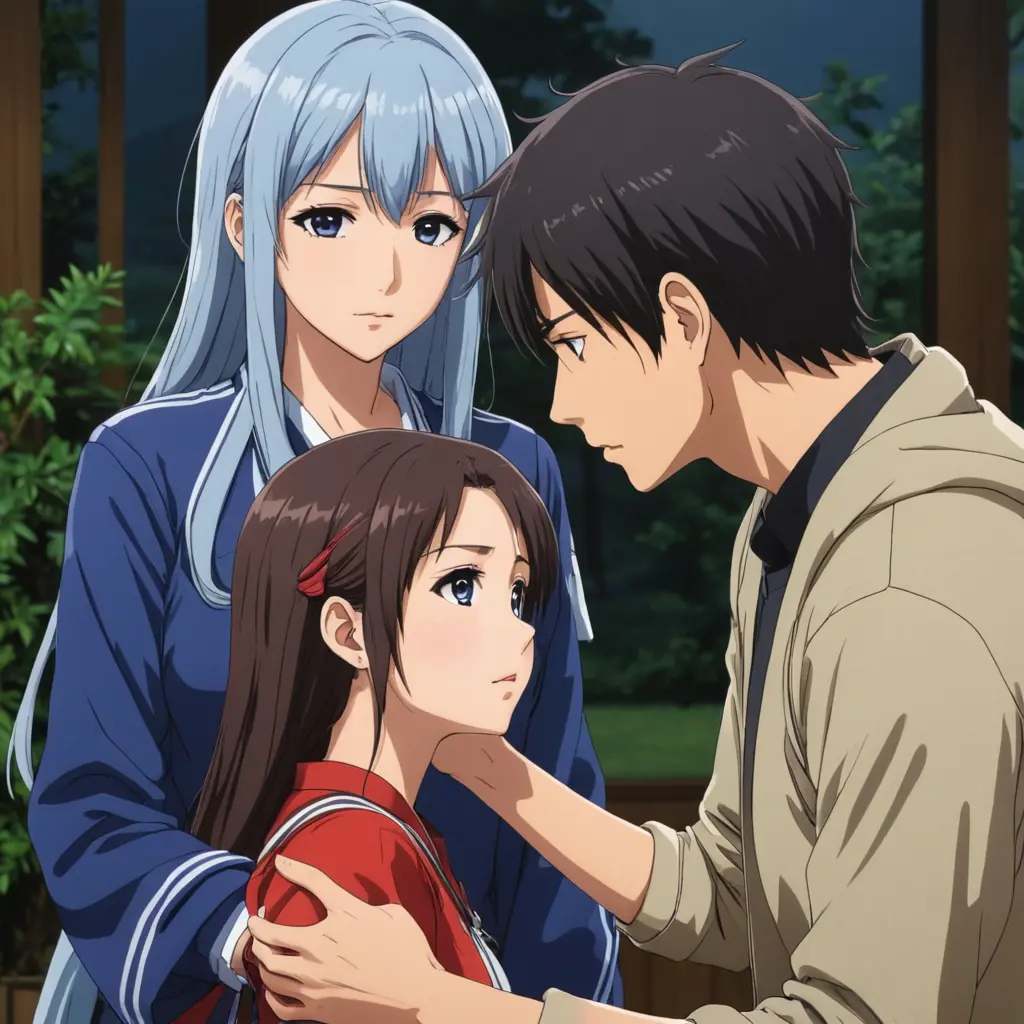 شخص حزين مع أمرأه جميله تحاول مساعدته على شكل أنمي