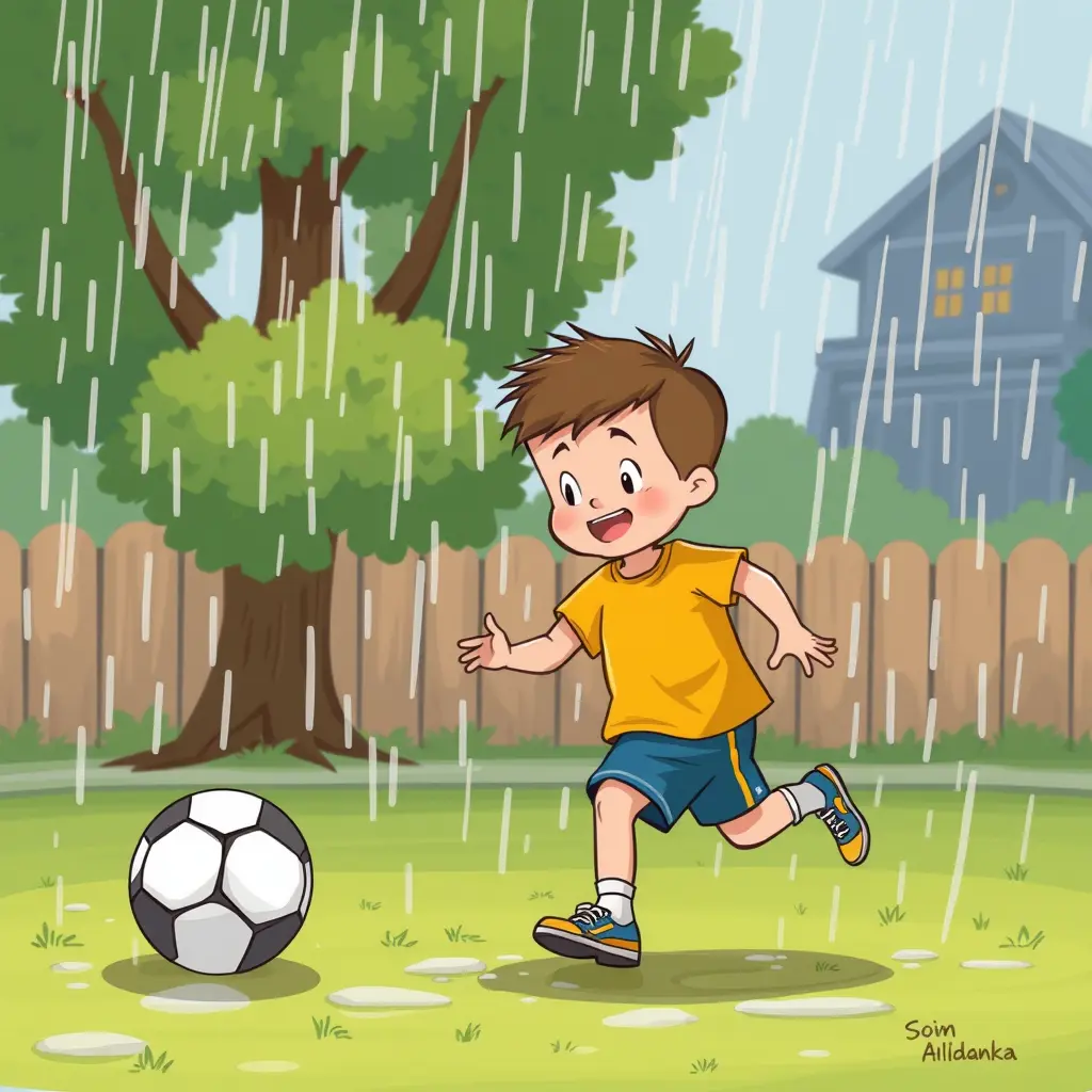 ولد يلعب الكره في المطر كارتون