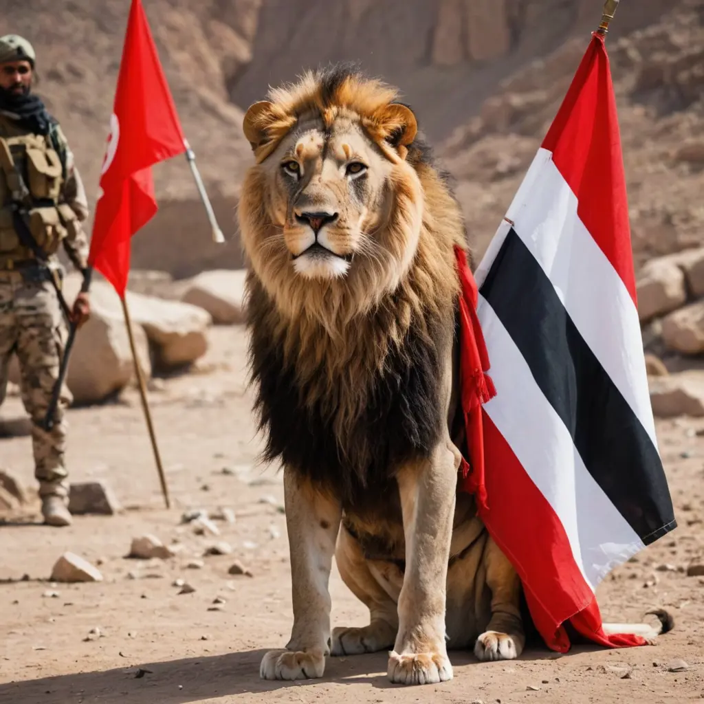 صوره حقيقيه اسد بلبس محرب بجنب العلم اليمني 🇾🇪