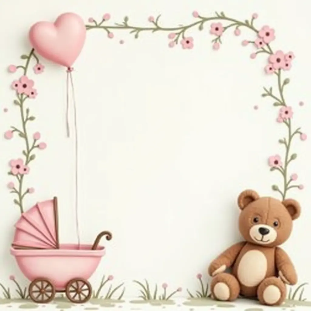 بطاقة، إطار من عربة الأطفال والدب الصغير لحفلة البيبي شاور، مساحة وسطية فارغة، ألوان هادئة، لمسة نهائية ناعمة الملمس، زخارف طفولية دقيقة.
