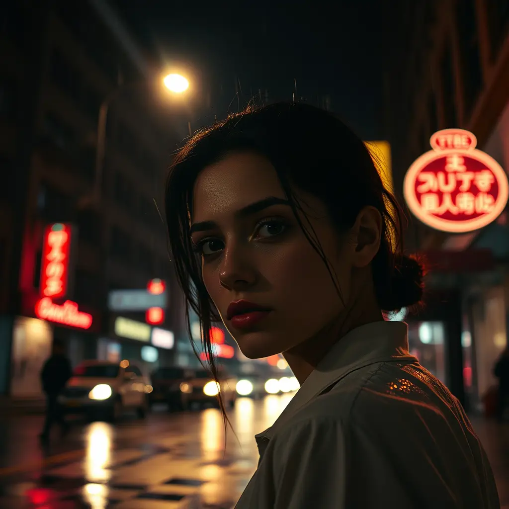 صورة ليلية سينمائية، إضاءة منخفضة المستوى، لهجات نيون، شوارع غارقة في المطر، مستوحاة من فيلم نوير، تدرج ألوان مزاجي
