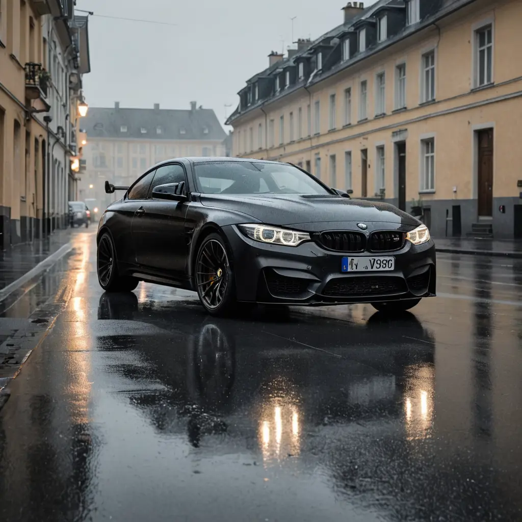 سيارات BMW M4 GT82 موديل 2024 لون اسود في شارع فاضي و جو مطر 
