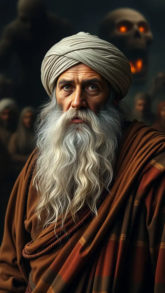 رجل عجوز لحيه بيضاء طويلة يلبس جلباب قديم يلببس عمامة ينظر إلى الأمام يظهر في خلفية الصورة مشهد مرعب