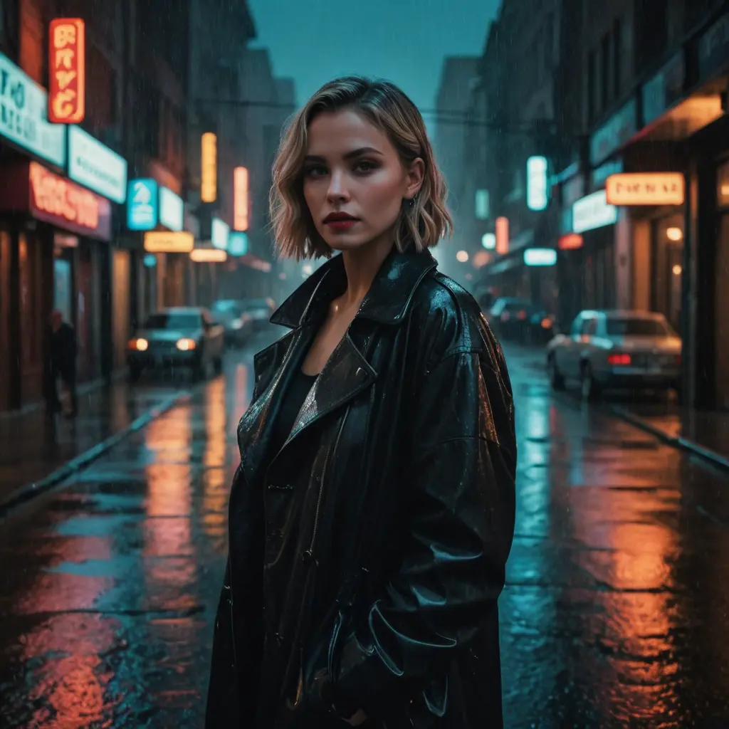 صورة ليلية سينمائية، إضاءة منخفضة المستوى، لهجات نيون، شوارع غارقة في المطر، مستوحاة من فيلم نوير، تدرج ألوان مزاجي