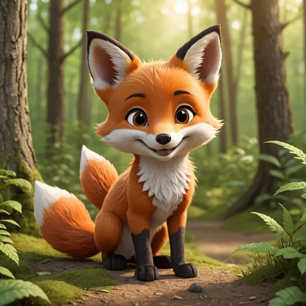 صورة ثعلب صغير مبتسم في الغابة بشكل كرتوني