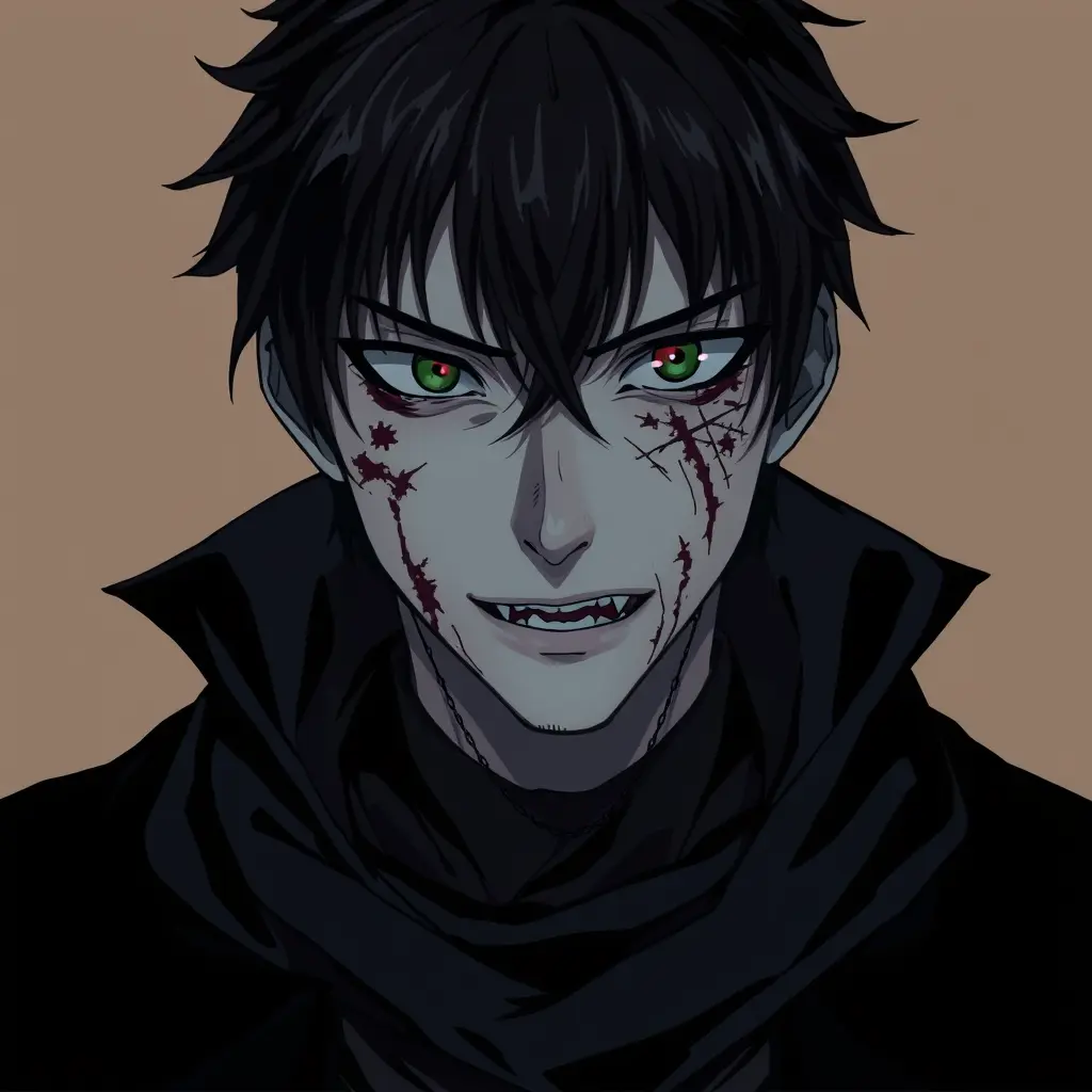 انمي شخصية غامضة ذات ملامح حادة تياب أسود خلفية بني وعلا وجهه جروح قديمة