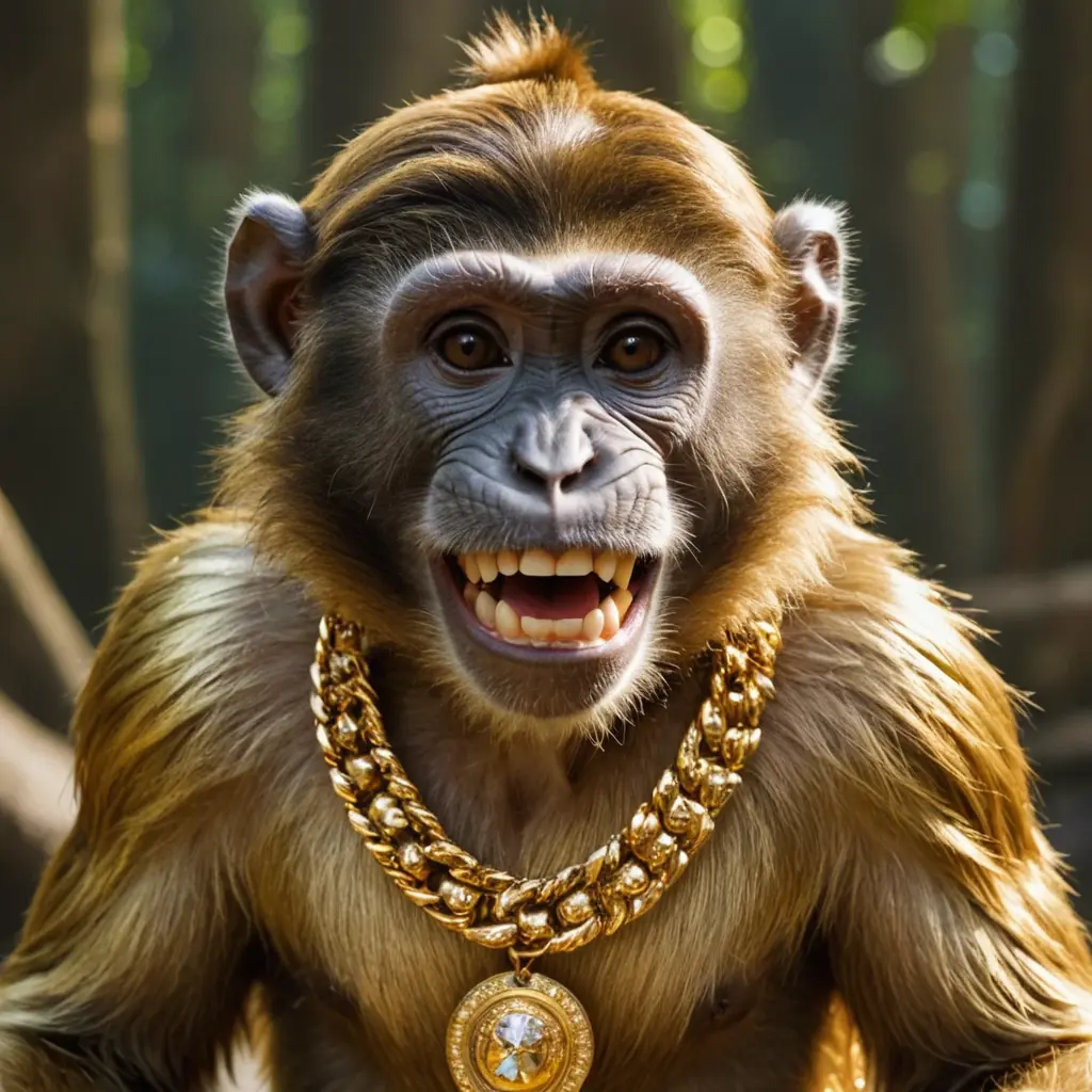 قرد يرتدي قلادة من ذهب وقميص من ذهب وطقم اسنان من ذهب وكل شيء حوله ذهب