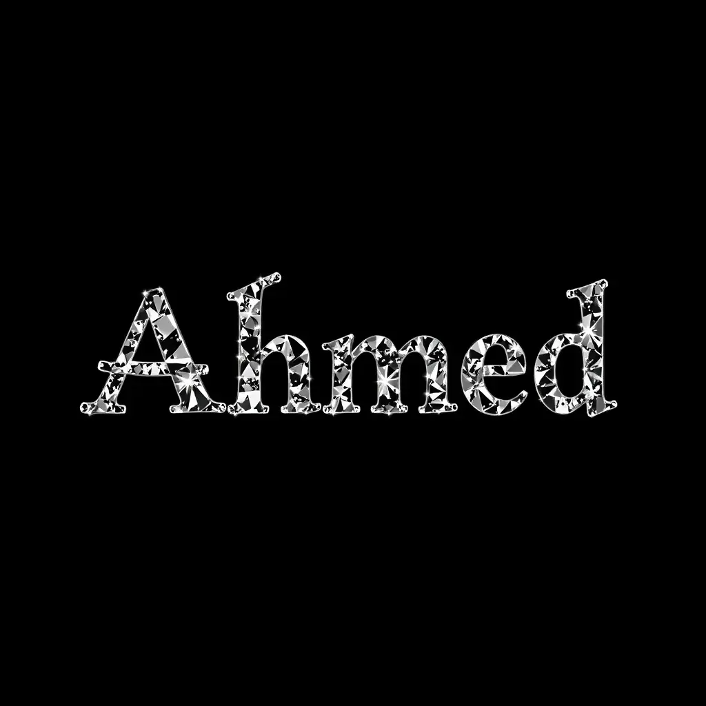 انشئ اسم احمد بالانجليزي بطريقة رائعة ومبتكرة ومدهشة واسطورية وجميلة وفائقة الجمال لا توجد شخصيات في الصورة اجعلها ابيض واسود والاسم بيلمع كالماس ولون اسود كألوان الماء