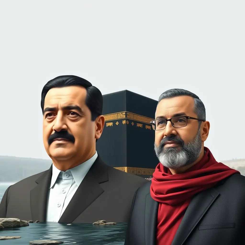 تصميم الرئيس صدام حسين رئيس العراق السابق بجانب الرئيس أحمد الشرع رئيس سورية الجديد بجانب نهر وخلفهم الكعبة المشرفة 
