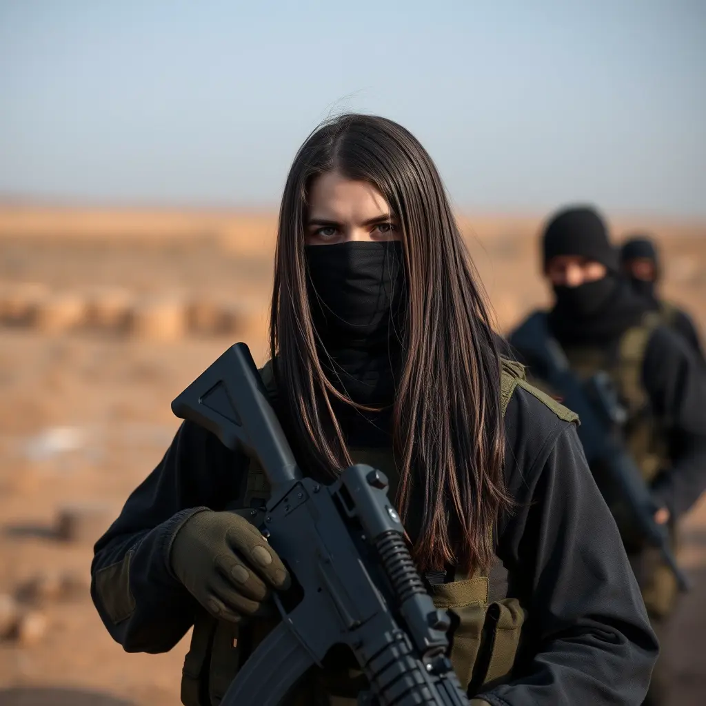 صمم صورة لمجاهد من الجيش السوري الحر شعره طويل كله بنفس الطول و يرتدي زي بلون اسود
