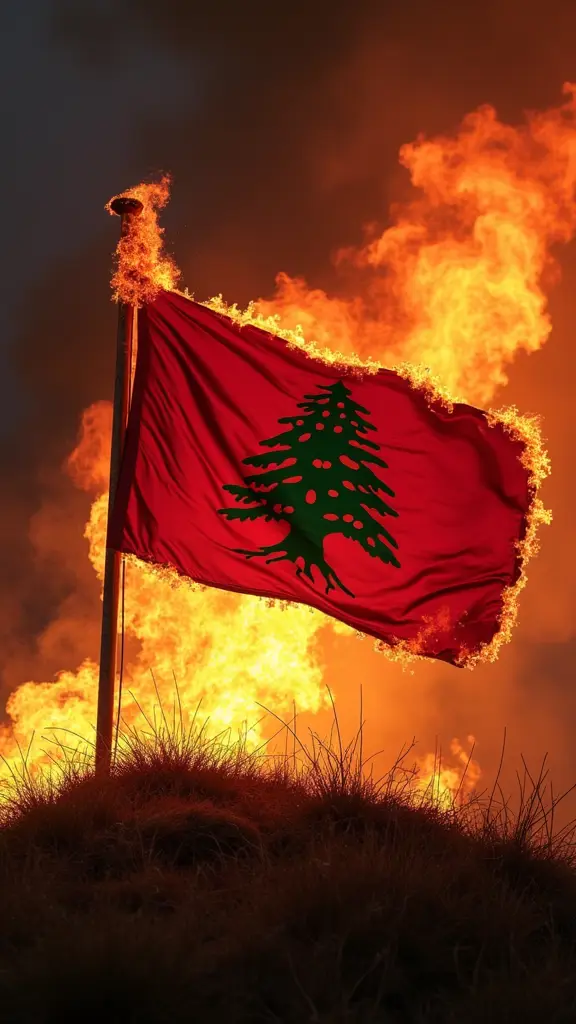 أرزة علم لبنان مشتعلة نار