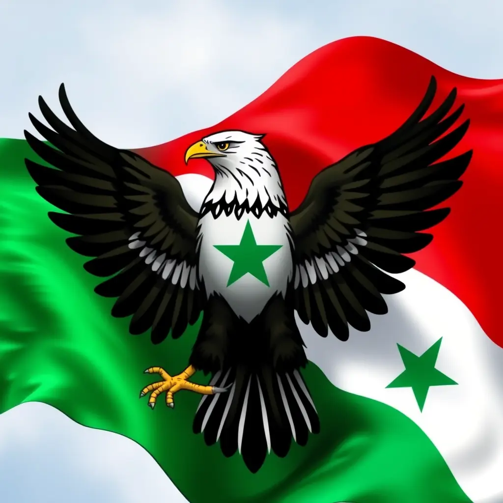 نسر سوريا الحرة مدموج مع علم الثورة السورية الأخضر بطبيعة حقيقية