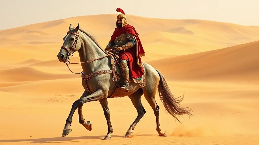 فارس عربي قديم علي حصانه في الصحراء