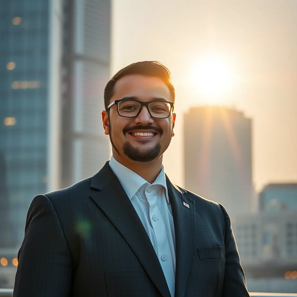 موظف يرتدي بدلة رسمية ، شركة تنكولوجيا، إضاءة رائعة، ، خلفية مدينة الكويت عند منطقة الابراج، إضاءة شمس