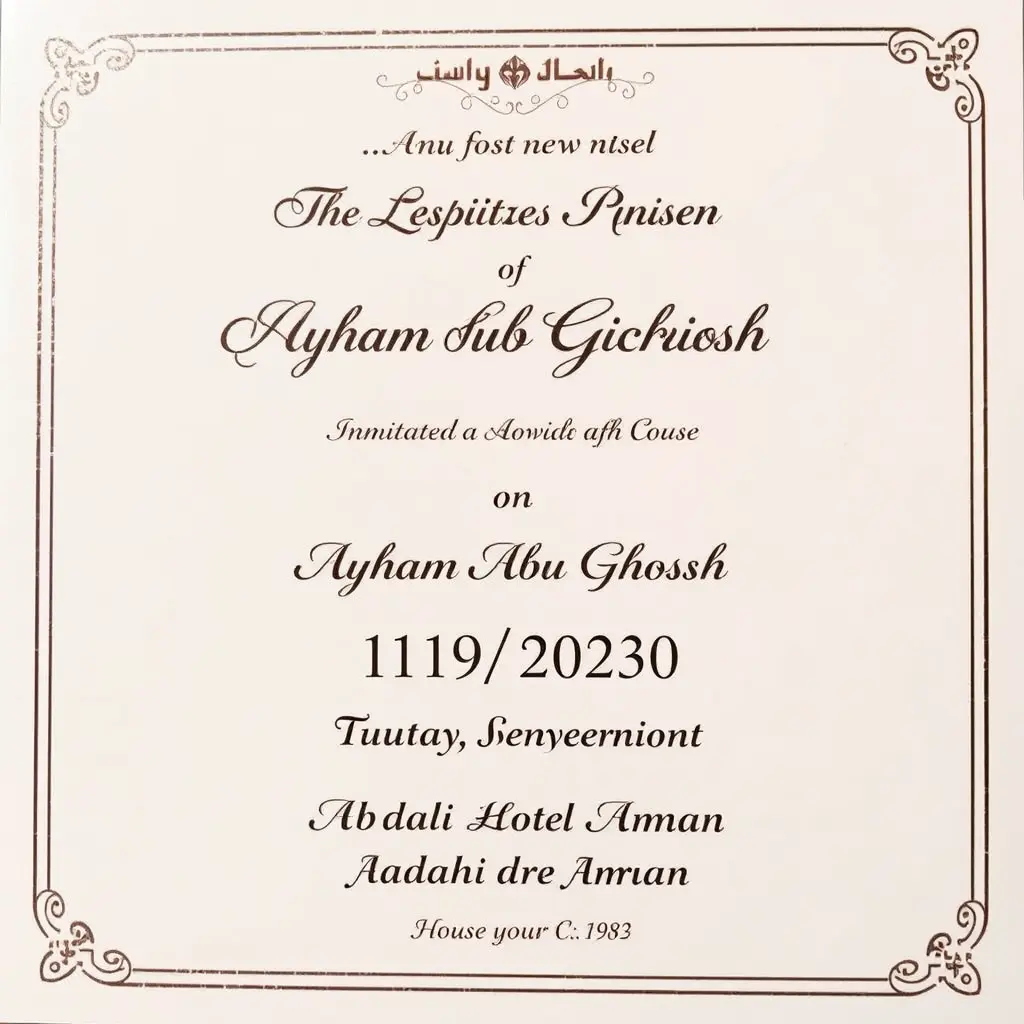 بطاقة دعوة إلى حفل زفاف أيهم ابوغوش بتاريخ ١٩/١١/٢٠٣٠ يوم الخميس في عمان فندق العبدلي ، الكتابة بالانجليزي