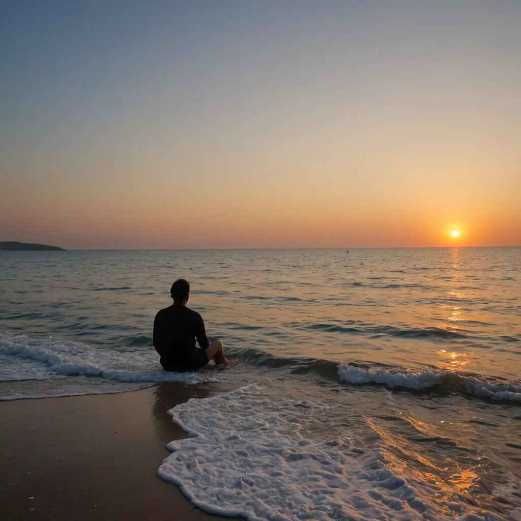 مشهد شخص يسترخي على البحر و المنظر غروب الشمس عند البحر بدقه كبيره