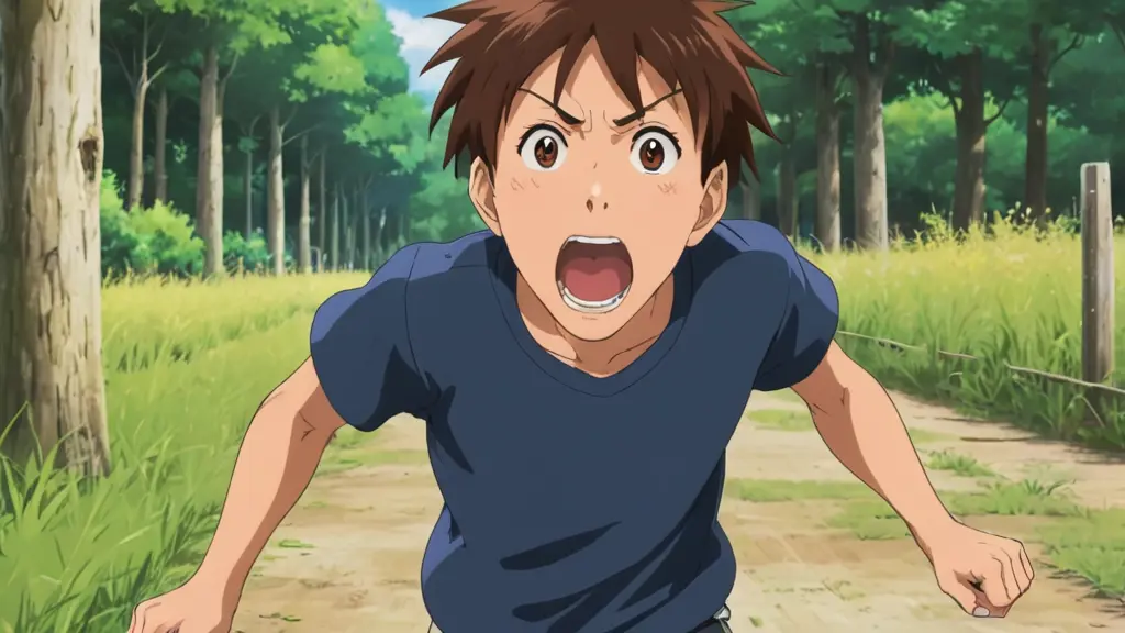 قم بإنشاء صورة انمي لفتى يركض وهو يصرخ خائفا نحو قش 