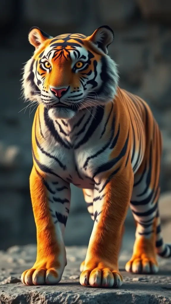 نمر ثلاثي الأبعاد (3D tiger) واقف بثبات، بجسم عضلي قوي، تفاصيل دقيقة في الفرو والوجه، عيون لامعة وحادة، أسلوب تصميم واقعي لكن ستايل مودرن، الإضاءة سينمائية، خلفية ناعمة أو ضبابية (blurred background) لتوضيح المجسم، واقف على أرض صخرية أو طبيعية، زاوية تصوير أمامية، مناسب للتحريك لاحقًا، high detail, 3D render, ultra realistic, cinematic lighting, dynamic pose, for animation use
