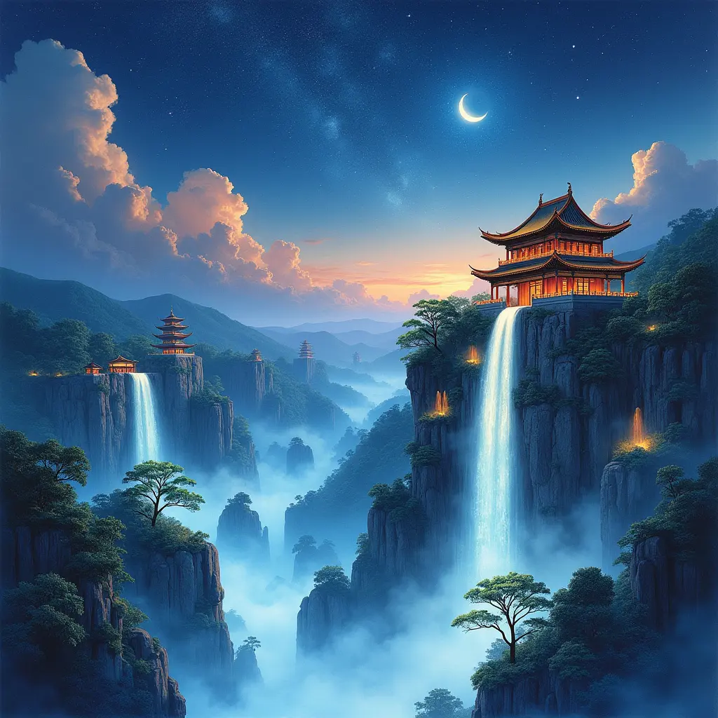 Surrealistic watercolor of a fantastical sky-suspended world with luminescent waterfalls cascading over a traditional Chinese landscape, set against a backdrop of a star-filled nocturnal sky, relaying ancient Chinese myths, with elements of mystery, ultrafine details, dramatic lighting, dreamlike atmosphere, vivid colors, ultra-realistic.