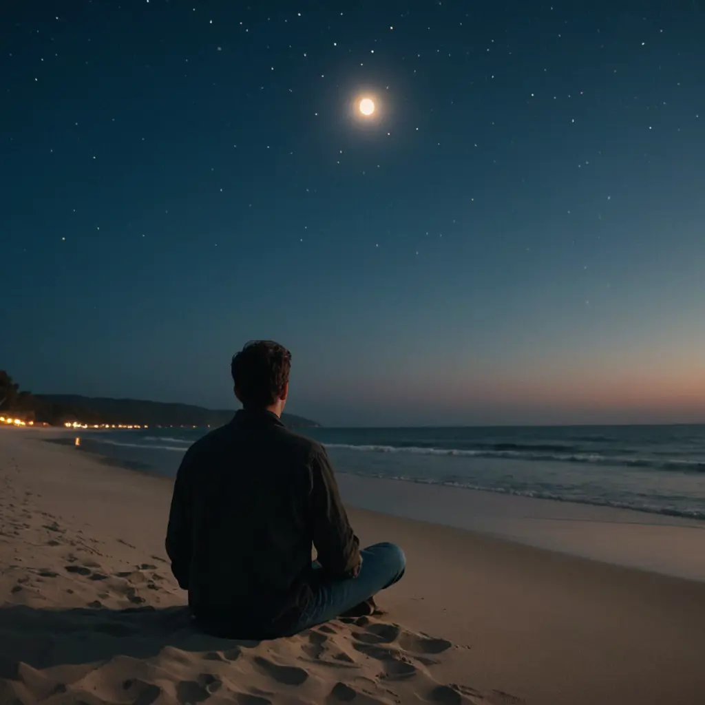 يجلس رجلٌ برشاقةٍ على الأرض قرب شاطئ محيطٍ هادئٍ ليلاً، محاطاً بضوء النجوم المتلألئة والأمواج الهادئة التي تتلاطم على الرمال. تقترب الكاميرا ببطءٍ لتكشف عن تعبيره الهادئ وهو يراقب القمر وهو يلقي بظلاله الطويلة على الشاطئ. صُوّر المشهد بأسلوبٍ سينمائيٍّ بإضاءةٍ ناعمةٍ ودافئةٍ تُبرز هدوء المشهد. (فيديو)