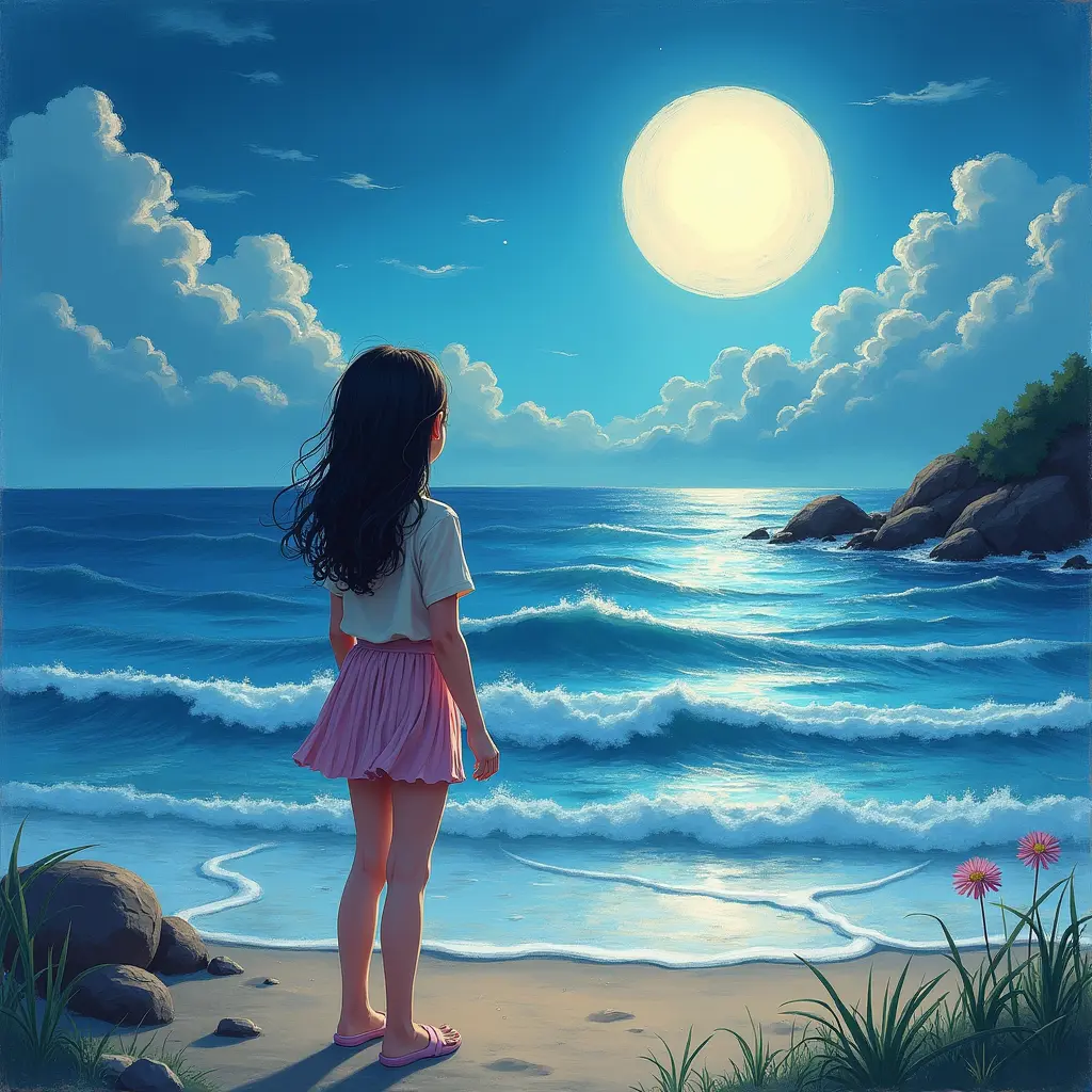 صورة بنت (مرسومة) تنظر الى البحر و القمر ظاهر و ظهرها للكاميرا 