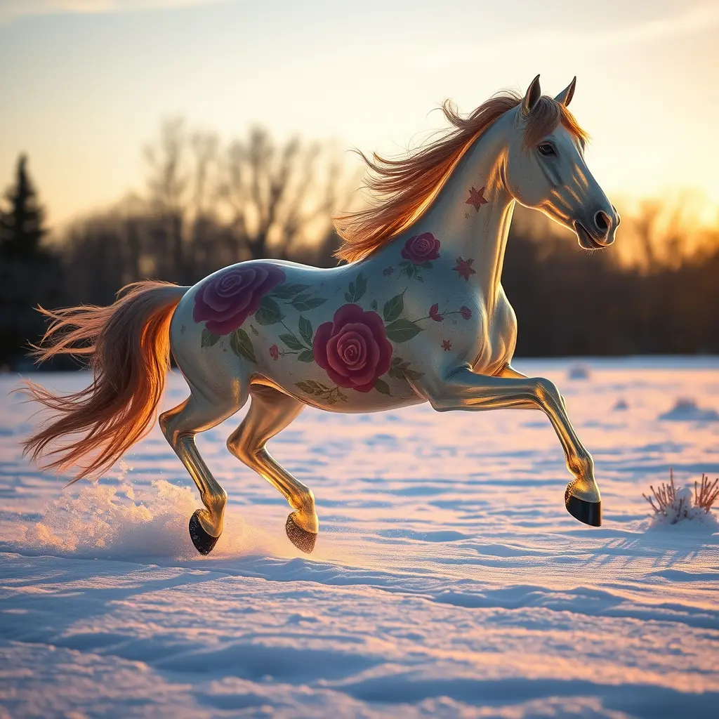حصان يركض في الثلج وجلده مصنوع من زجاج مزهرية و عليه نقشة ورود وفي وقت الغروب