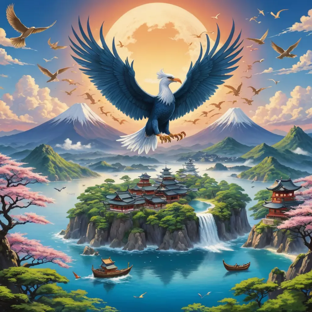 The world of Japan, with the name Elias Abebo in the middle, and between them a mythical bird carrying a book between its wings above an island on which is written the Island of Dreams.