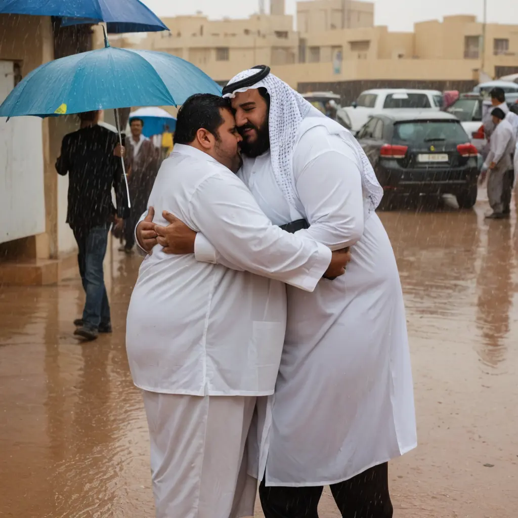 رجل سعودي خمسيني سمين يحضن ولد تحت المطر