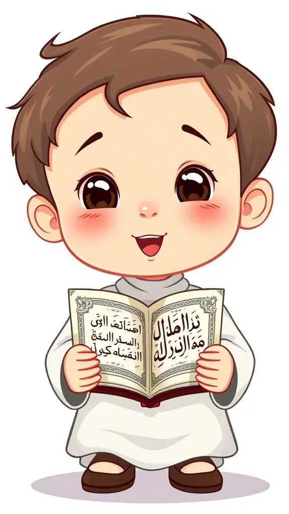 صورة كرتونية لطفل يمسك المصحف بين يدية خلفية بيضاء