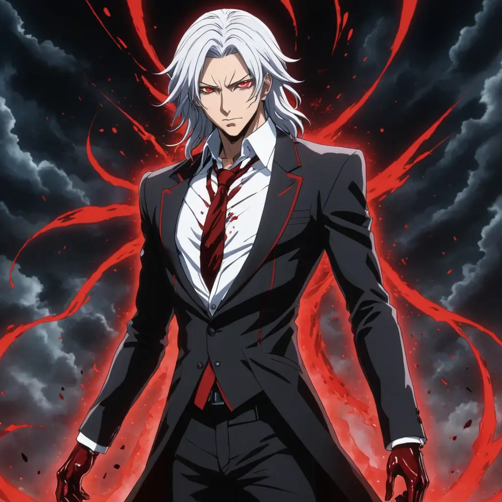 صورة لرايزل من انمي نوبلس يقف و تحيط به هالة حمراء والدم متطاير في كل مكان