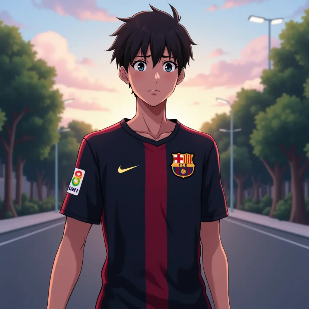 صورة شاب يرتدي قميص برشلونة الأسود الجديد كأنيمي في الطريق. أتمنى 