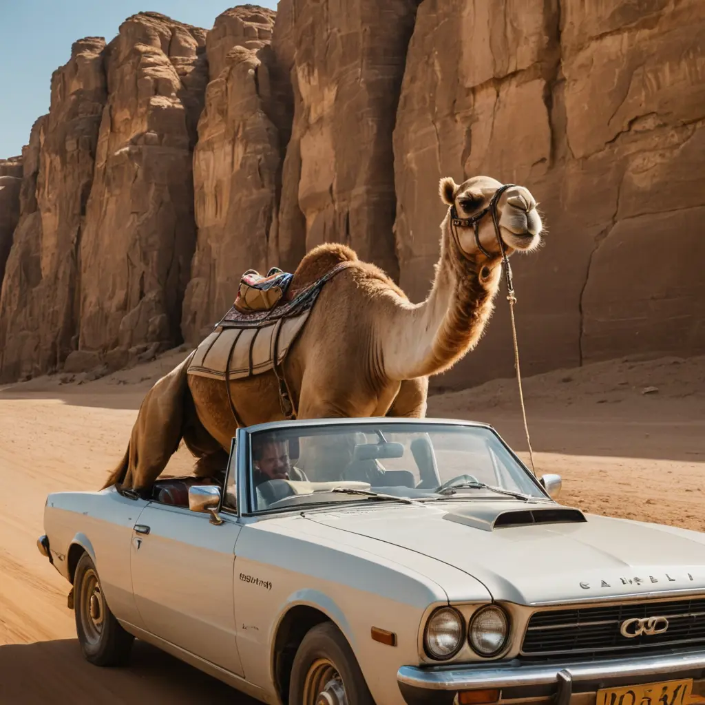 جمل يقود سيارة مكشوفة