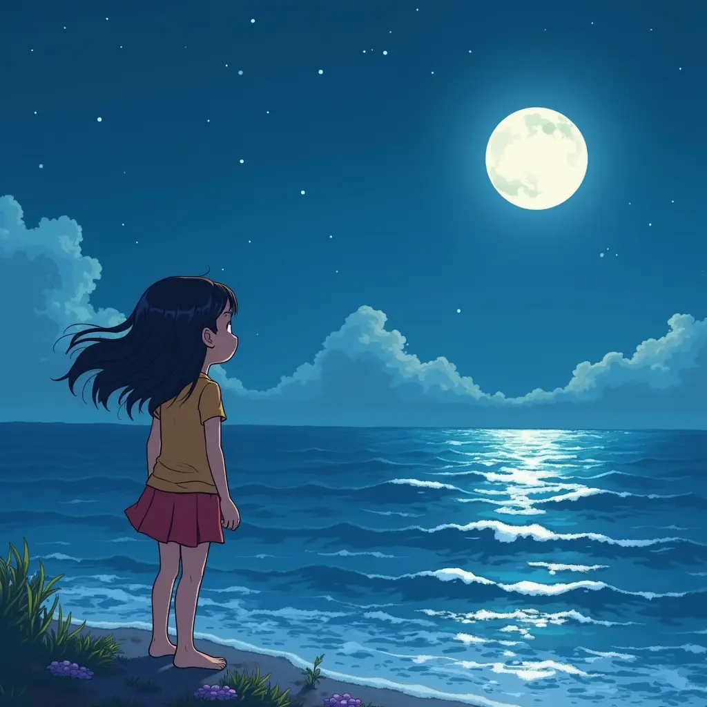 صورة فتاة (كرتون) تنظر الى البحر و القمر ظاهر و ظهرها للكاميرا
