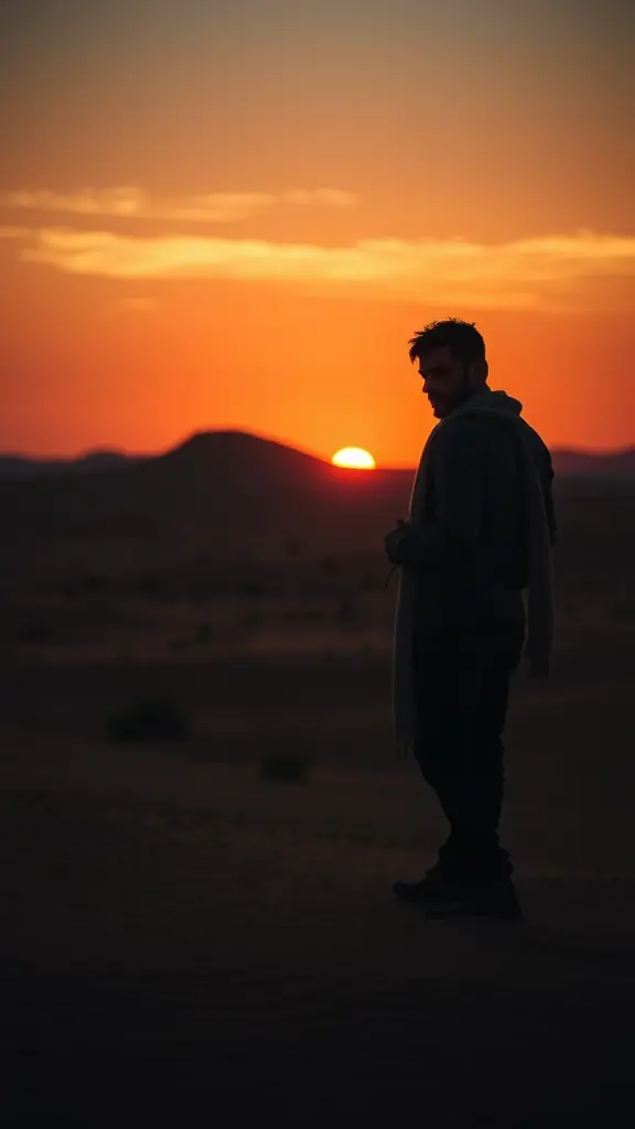 رجل حزين وسط الصحراء فى وقت الغروب مشهد من مسافة بعيدة